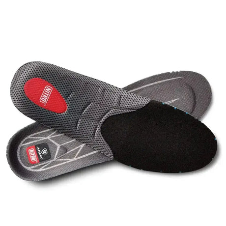 Gray mesh ariat nitro insoles with black foam heel and red logo patches designed to maximise foot comfort and performance