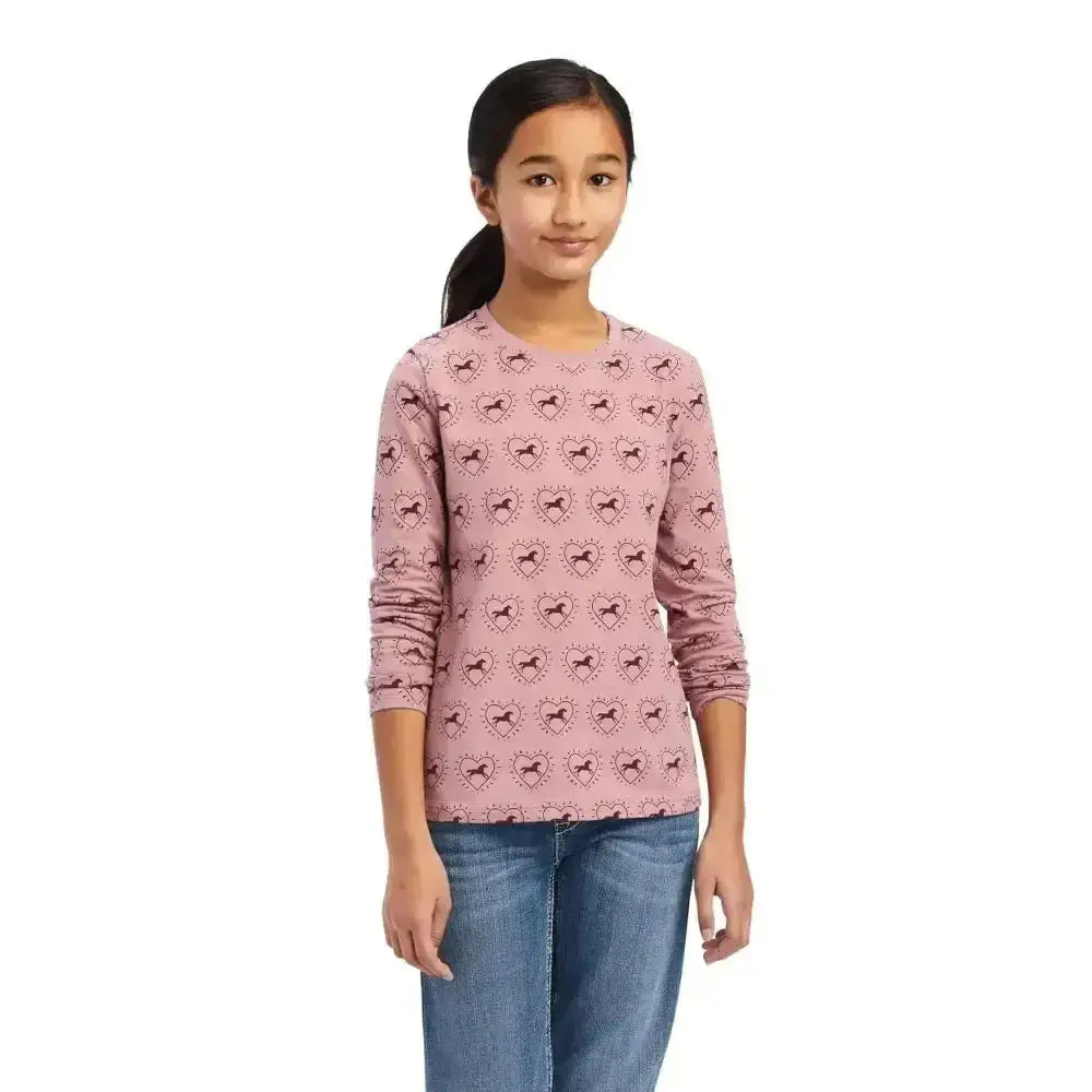Pink ariat nostalgia long sleeved top with black heart horse pattern perfect for casual wear