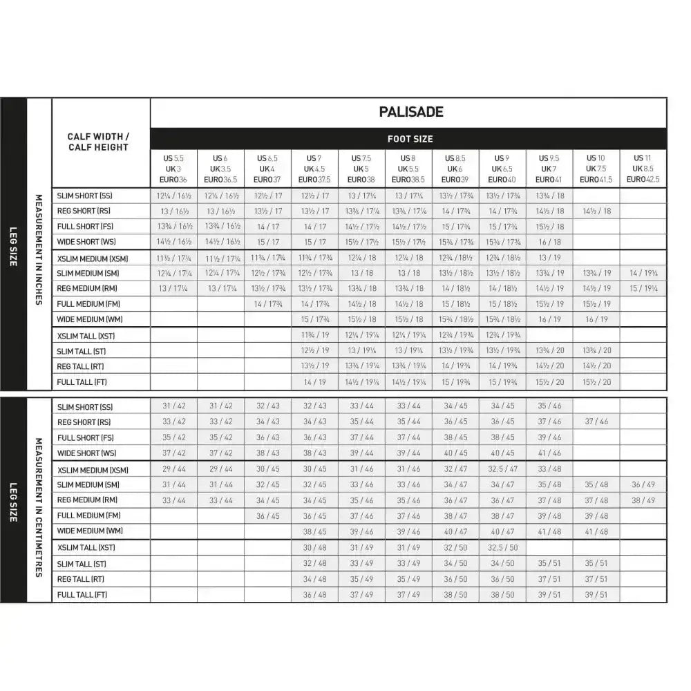 Ariat palisade long riding boots black size chart showing inches and centimeters for calf width and height categories