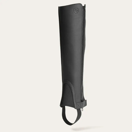 Black leather ariat scout half chaps with zipper closure and adjustable strap perfect for riding gear