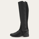 Black full-grain leather ariat scout half chaps with zipper side and elastic panels for a snug fit