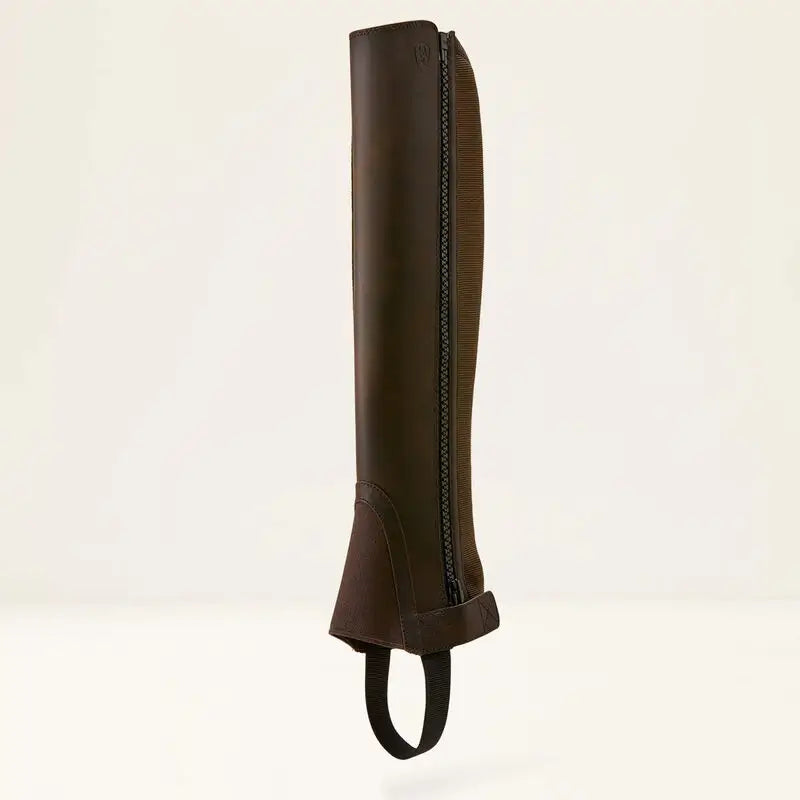 Brown full-grain leather ariat scout half chaps with black zipper and adjustable strap for riding comfort