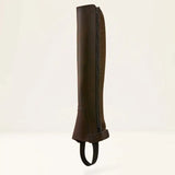Brown full-grain leather ariat scout half chaps with black zipper and adjustable strap for riding comfort