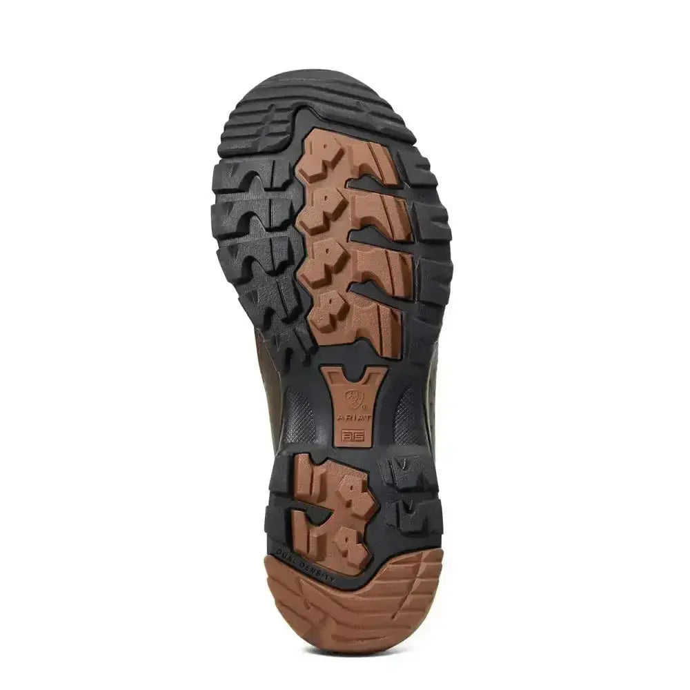 Black and brown rubber outsole with rugged tread on ariat skyline slip h20 waterproof women handy yard boo shoe