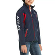 Navy blue ariat softshell jacket for kids with red zipper accents and white sleeve branding in colour block style