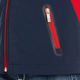 Navy blue ariat softshell jacket for kids with red zipper pull and colour block design perfect for active wear