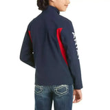 Navy blue and red ariat softshell jackets kids with white logo on sleeve in colour block design for active wear