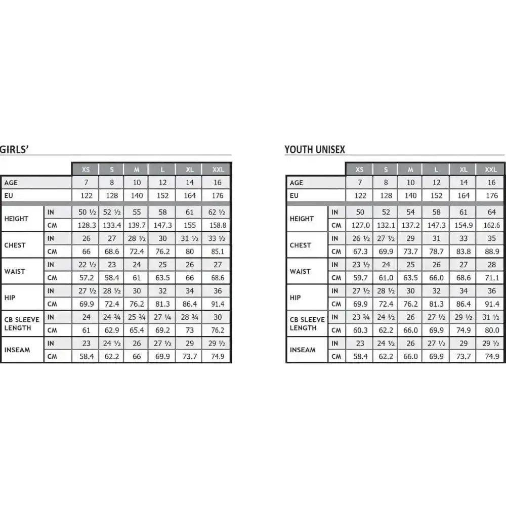 Size charts for ariat softshell jackets kids showing girls and youth unisex measurements in inches and centimeters