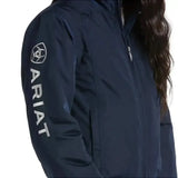 Dark navy blue ariat stable coats waterproof blouson riding jacket for kids with white logo and sleeve lettering