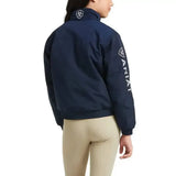 Navy blue ariat stable coats waterproof blouson riding jacket for kids with white logo on back and sleeve viewed from back