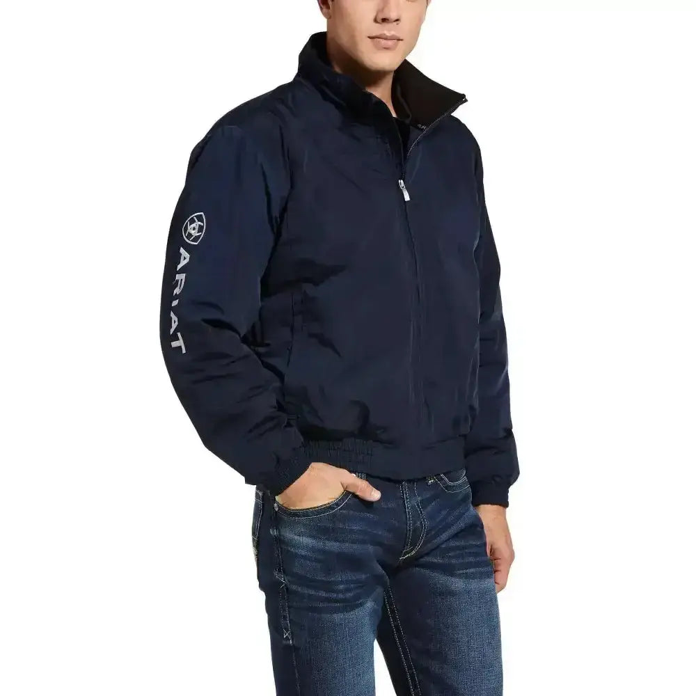 Navy blue ariat stable jacket for men with black collar white logo insulated stable jacket blouson style
