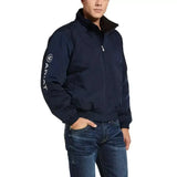 Navy blue ariat stable jacket for men with black collar white logo insulated stable jacket blouson style