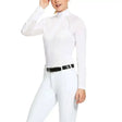 White long-sleeved ariat sunstoppers show shirt with breathable tech mesh and raglan-cut sleeve for riding comfort