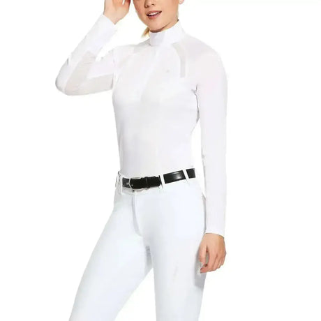 White long-sleeved ariat sunstoppers show shirt with breathable tech mesh and raglan-cut sleeve for riding comfort
