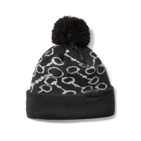 Black ariat tarisia beanie with white horsebit pattern and black pom pom contrast cuff beanie winter hat