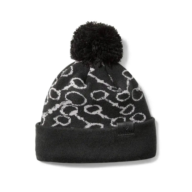 Black ariat tarisia beanie with white horsebit pattern and black pom pom contrast cuff beanie winter hat