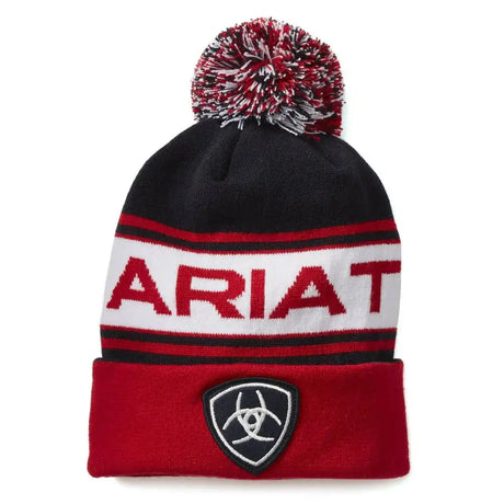 Red black and white knit ariat team beanie winter hat with multicolored pom-pom and embroidered ariat logo beanie cuff