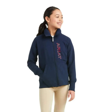 Navy blue ariat team kids zip-up hoodie with pink and white logo perfect for outdoor coats that work harder