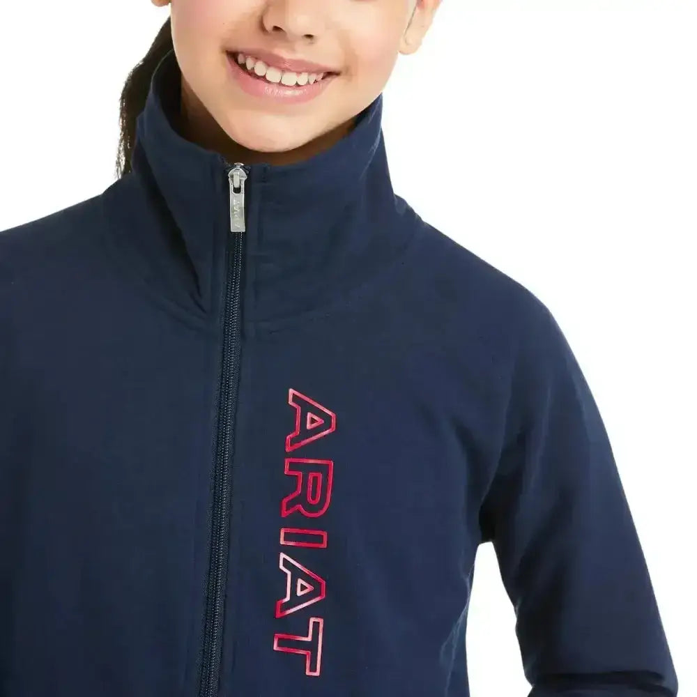 Navy blue ariat team kids zip-up sweatshirt with pink embroidered logo works harder for outdoor coats