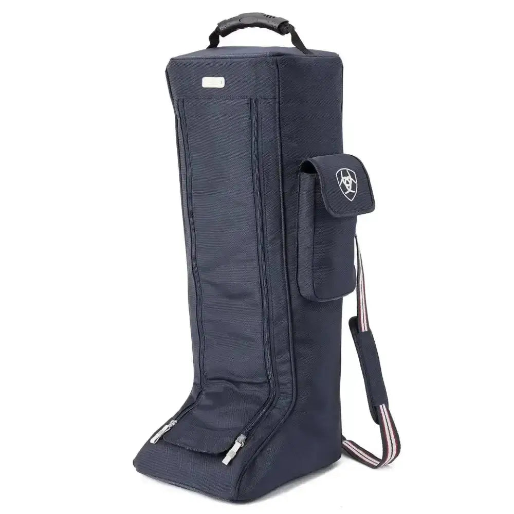 Black ariat team tall riding boot bag with durable poly canvas, top handle, side pocket, and adjustable shoulder strap
