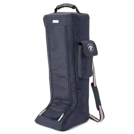 Black ariat team tall riding boot bag with durable poly canvas, top handle, side pocket, and adjustable shoulder strap