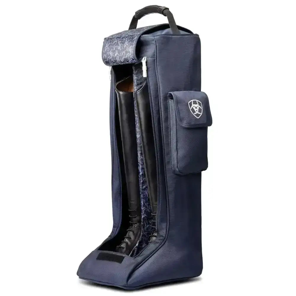 Navy blue ariat team tall boot bag with patterned flap and side pocket made of durable poly canvas for riding boots