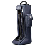 Navy blue ariat team tall boot bag with patterned flap and side pocket made of durable poly canvas for riding boots