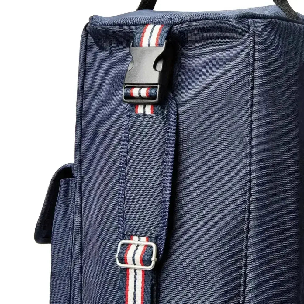 Ariat Team Tall boot bag in navy blue durable poly canvas with red white and blue striped straps and black buckles