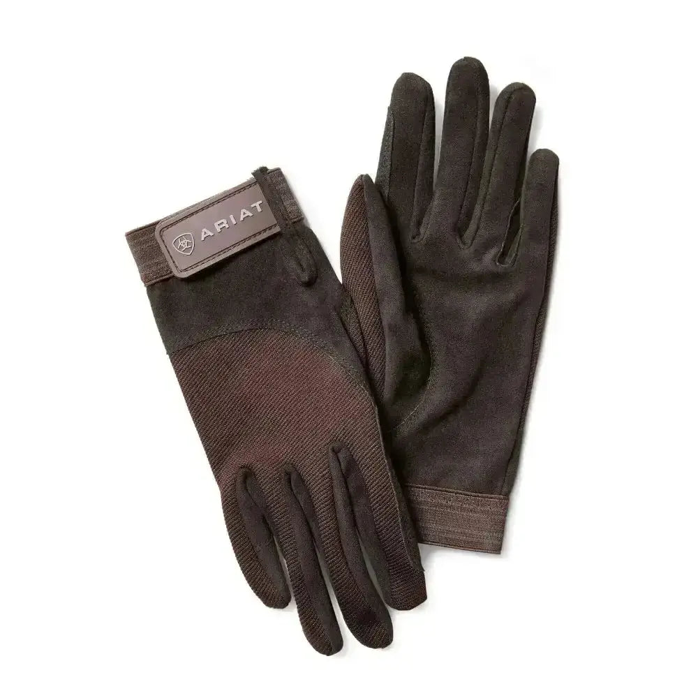 A pair of dark brown ariat tek grip riding gloves with textured fabric and reinforced palm for better grip