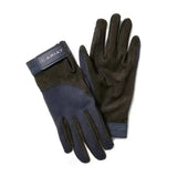 Dark olive and navy blue ariat tek grip riding gloves with suede palm mesh backhand and elastic wristband shown from back