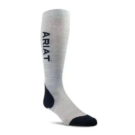 Gray knee-high ariat tek performance socks with black heel toe and bold logo on side in heather grey navy