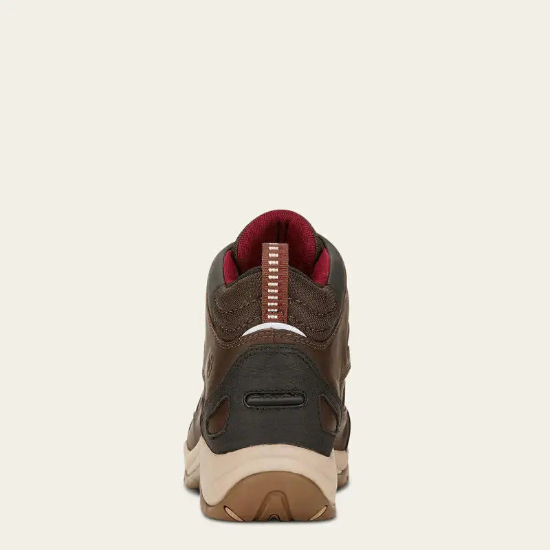 Ariat Telluride II H20 laced dark brown hiking boot with full-grain leather upper, red interior lining, and beige sole