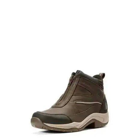Dark brown leather ariat telluride zip waterproof riding boot with zipper closure and beige rubber sole