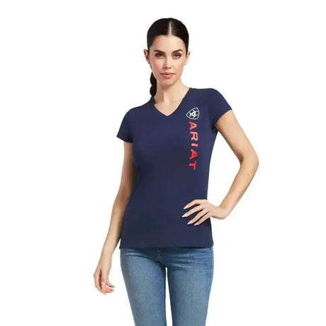 Navy blue short sleeve v neck t shirt with red ariat vertical logo branding perfect for weekend activewear
