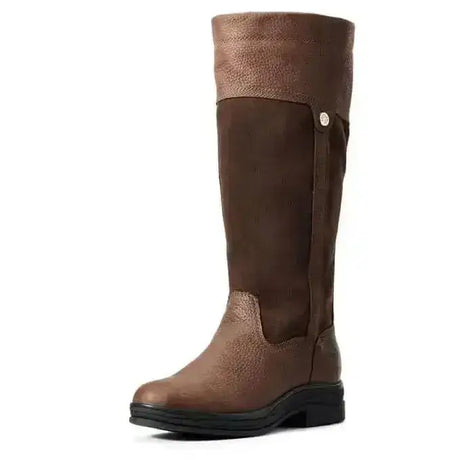 Brown leather ariat windermere ii waterproof riding boot with textured upper and black rubber sole