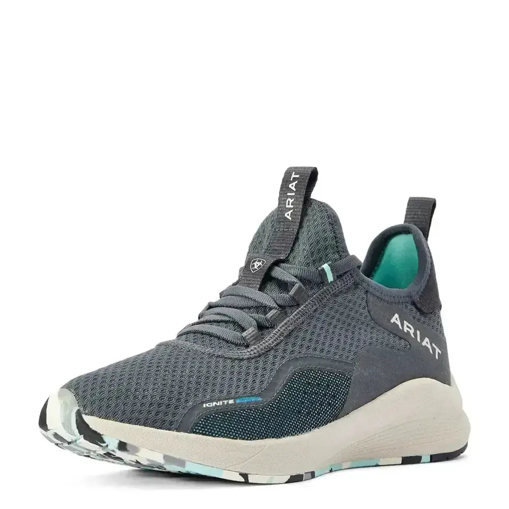 Gray ariat wms ignite waterproof trainers with mesh upper and teal accents on heel and sole pattern