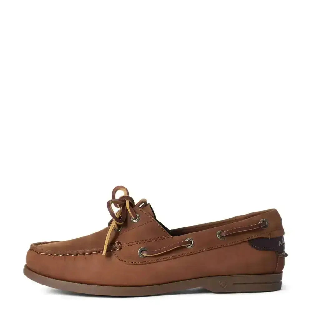 Ariat womans antigua boat shoes in brown buttery soft leather with tan laces and durable welt stitching
