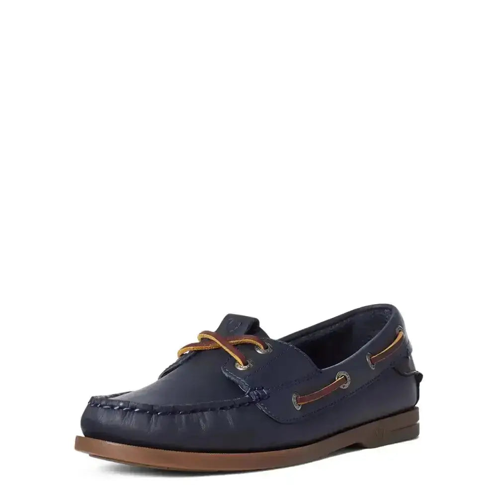 Navy blue Ariat womans Antigua boat shoes with buttery soft leather, tan laces, and durable welt stitching brown sole