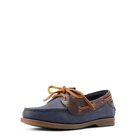 Navy blue Ariat womans antigua boat shoes with buttery soft leather, brown accents, tan laces, and durable welt stitching