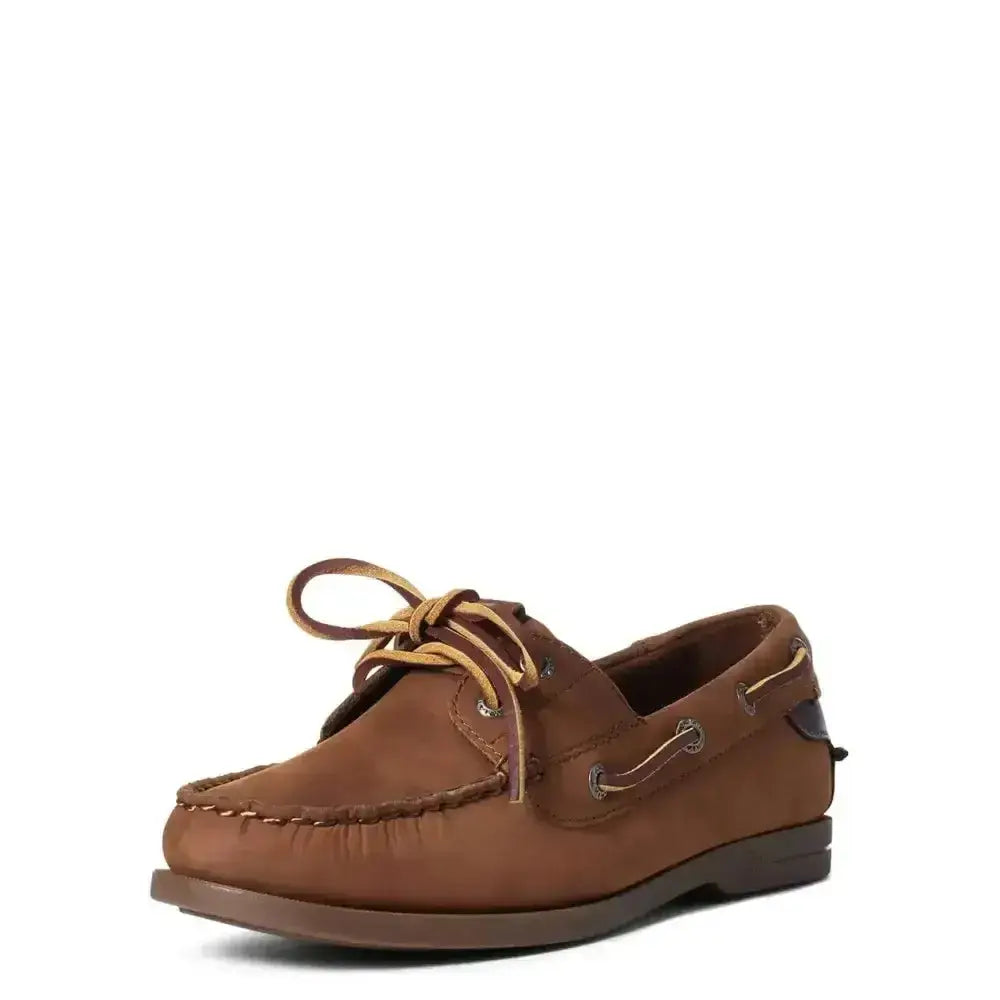 Ariat womans antigua boat shoes in brown suede with tan laces buttery soft leather and durable welt stitching