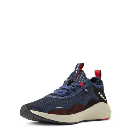 Navy blue and red mesh ariat womans ignite eco trainers with black accents and ariat logo for everyday comfort