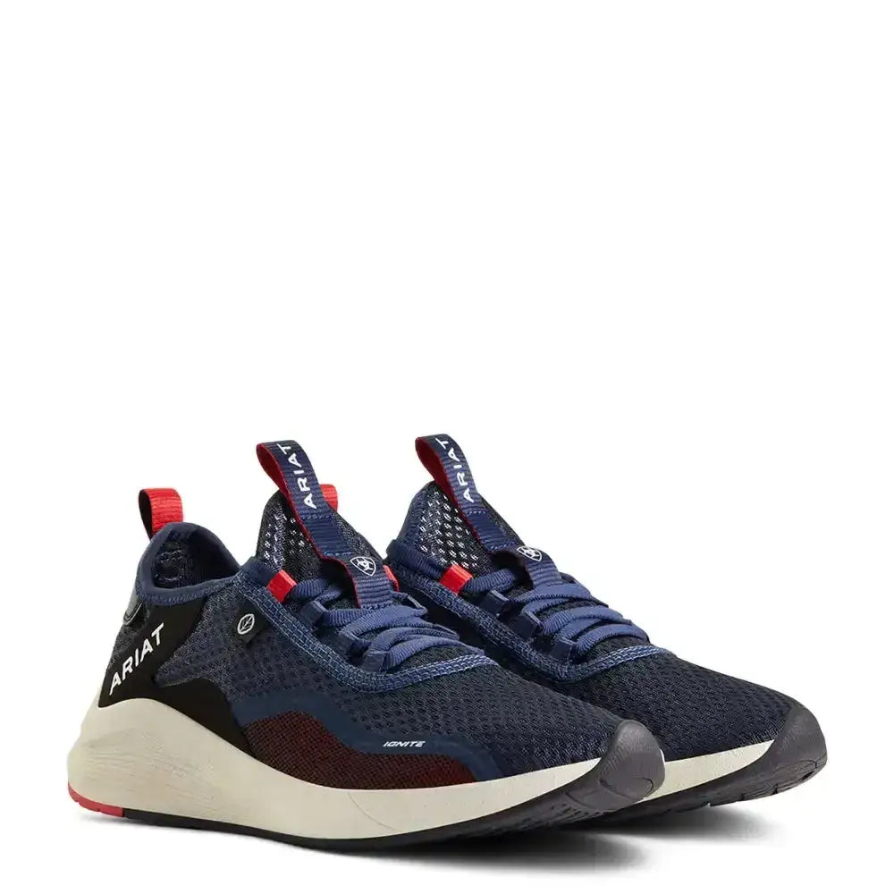 Navy blue and black ariat womans ignite eco trainers with red lace accents perfect for everyday wear