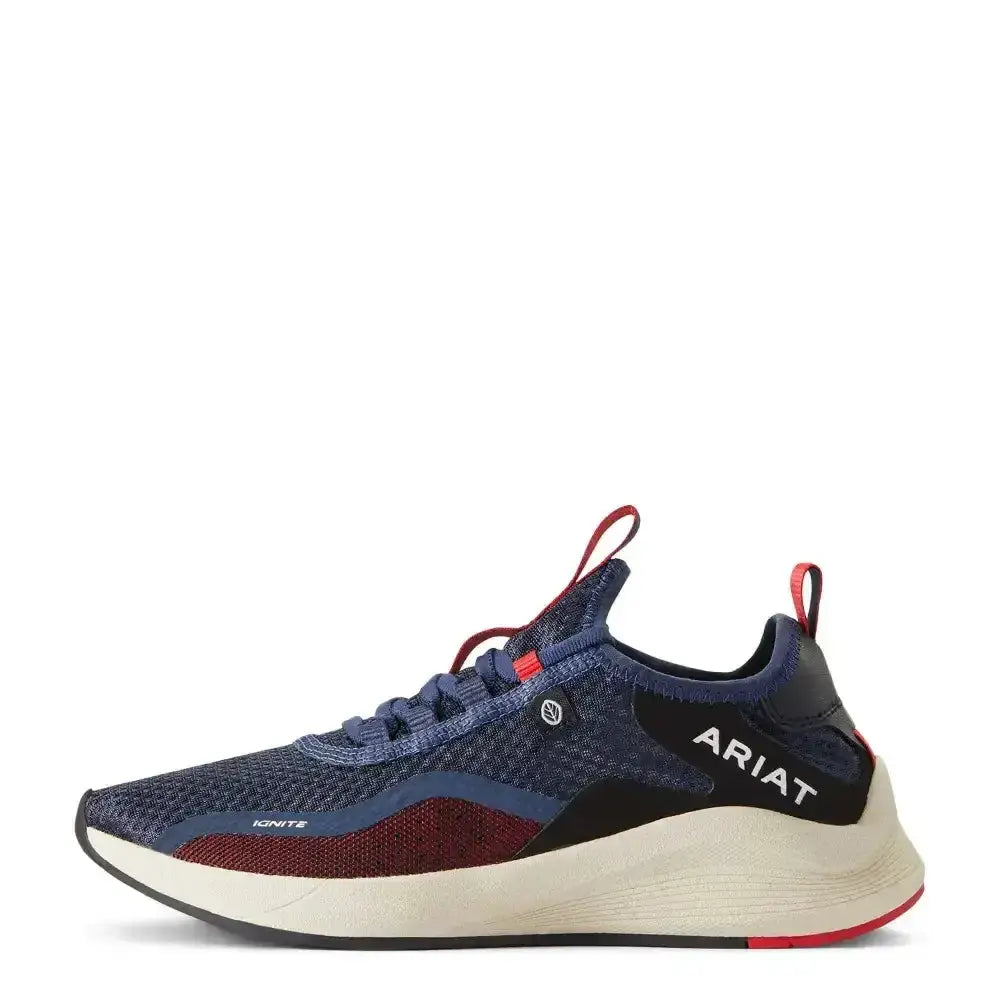 Navy blue and maroon knit ariat womans ignite eco trainers with white midsole and red accents featuring logo on side