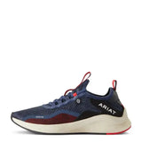 Navy blue and maroon knit ariat womans ignite eco trainers with white midsole and red accents featuring logo on side