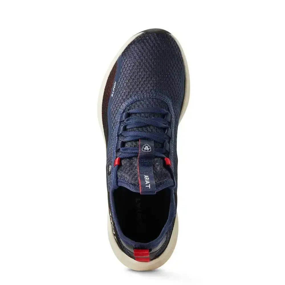 Navy blue mesh ariat womans ignite eco trainers with red accents and white sole perfect for casual wear