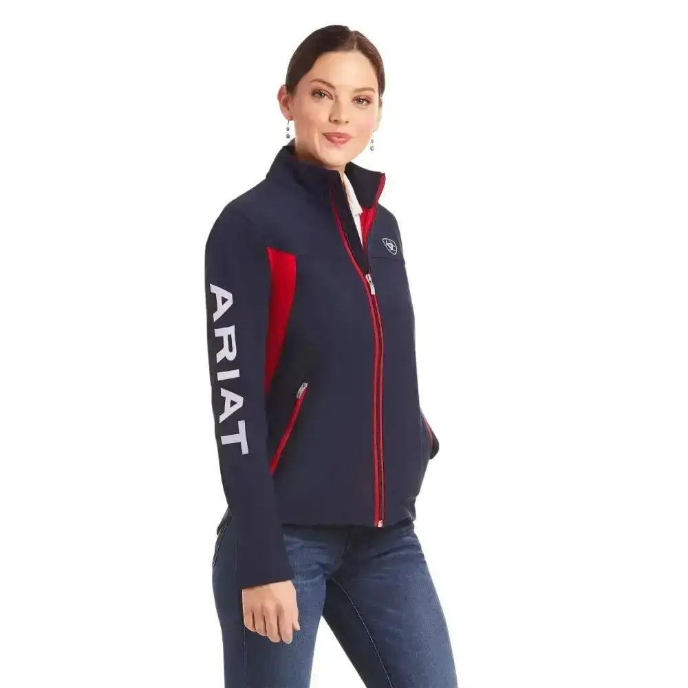 Navy blue and red ariat womans team softshell jacket with zip-up front and fierce colourblock styling on sleeve