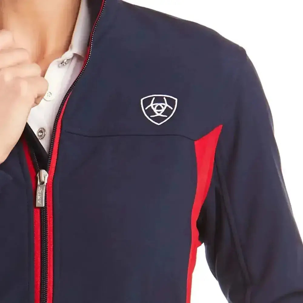 Navy blue and red Ariat womans team softshell jacket with fierce colourblock styling and white embroidered logo on chest