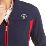 Navy blue and red Ariat womans team softshell jacket with fierce colourblock styling and white embroidered logo on chest