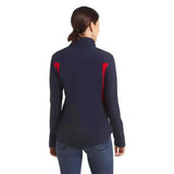 Ariat womans team softshell jacket with fierce colourblock styling in navy blue and red with high collar and long sleeves