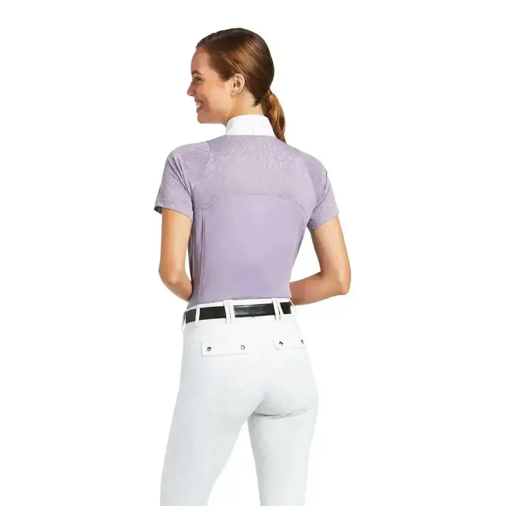 Lavender ariat womens airway zip short sleeved show shirt with white collar and subtle stitching details